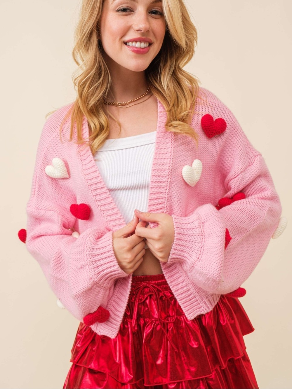 Main Strip Pink Cardigan with Red & Cream Heart Appliqués